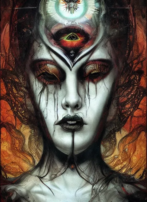 Image similar to tripping magic cult psychic woman, painted face, third eye, energetic consciousness psychedelic, epic surrealism expressionism symbolism, symmetrical face, by joao ruas, karol bak, masterpiece