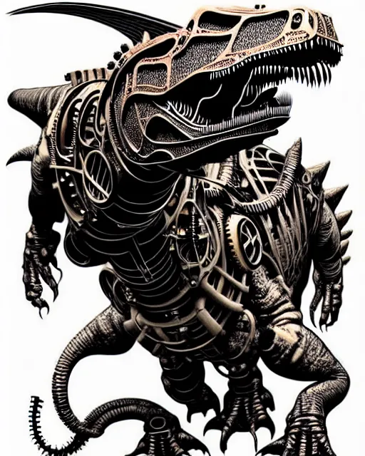 Image similar to a steampunk cyborg t - rex dinosaur, high details, symmetry, bold line art, by vincent di fate and joe fenton, inking, etching, screen print, masterpiece, trending on artstation, sharp, high contrast, hyper - detailed,, hd, 4 k, 8 k