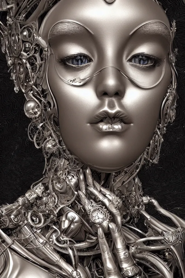 Image similar to beautiful frontal view face portrait of a queen female cyborg, 150mm, chromatic aberration, Mandelbrot fractal, symmetric, steampunk, silver mechanical, intricate, elegant, highly detailed, ornate, ornament, sculpture, elegant , luxury, beautifully lit, ray trace, octane render in the style of peter gric , Alex grey, dynamic ,8K artistic photography, photo-realistic art station