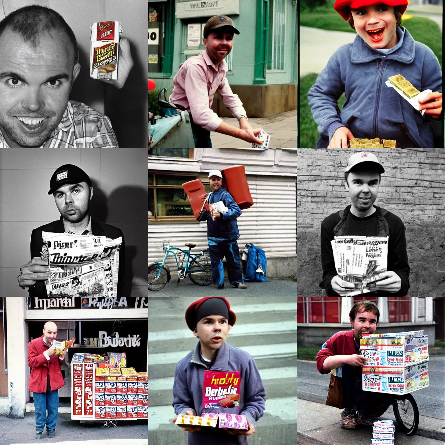 Prompt: karl pilkington as a newpaper delivery boy, eating mars bar candy, color, 1 9 8 7