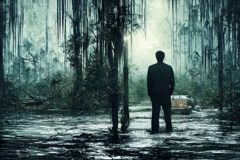 Image similar to scene from louisiana swamps, true detective, artwork 8 0 s japanese sci - fi books art