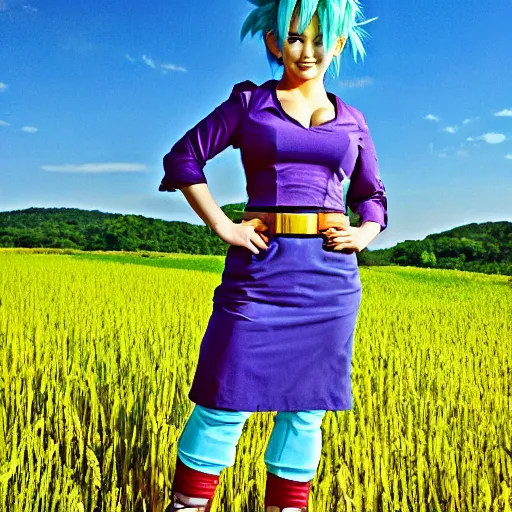 Image similar to bulma from dragon ball, bulma, bulma standing in a field,