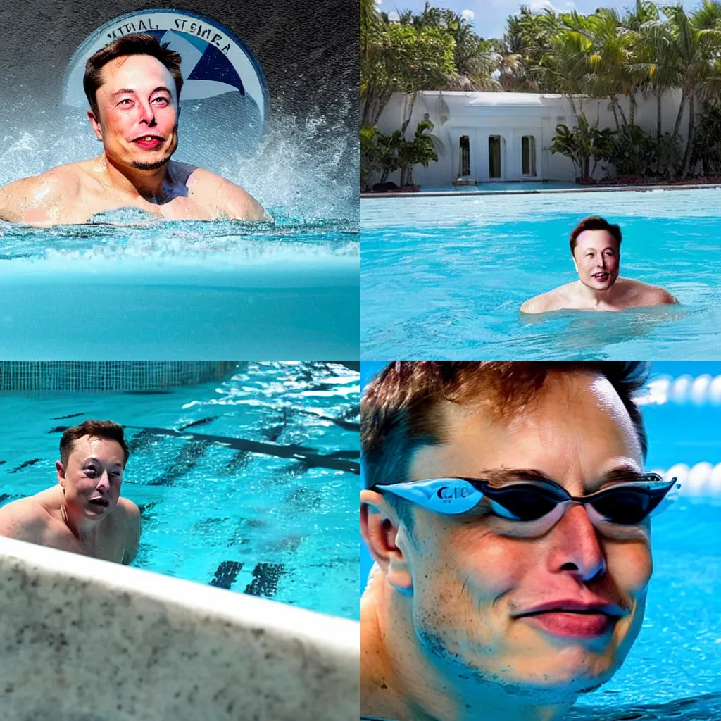 Prompt: elon musk swimming in a swimming pool full of dollars at bahamas