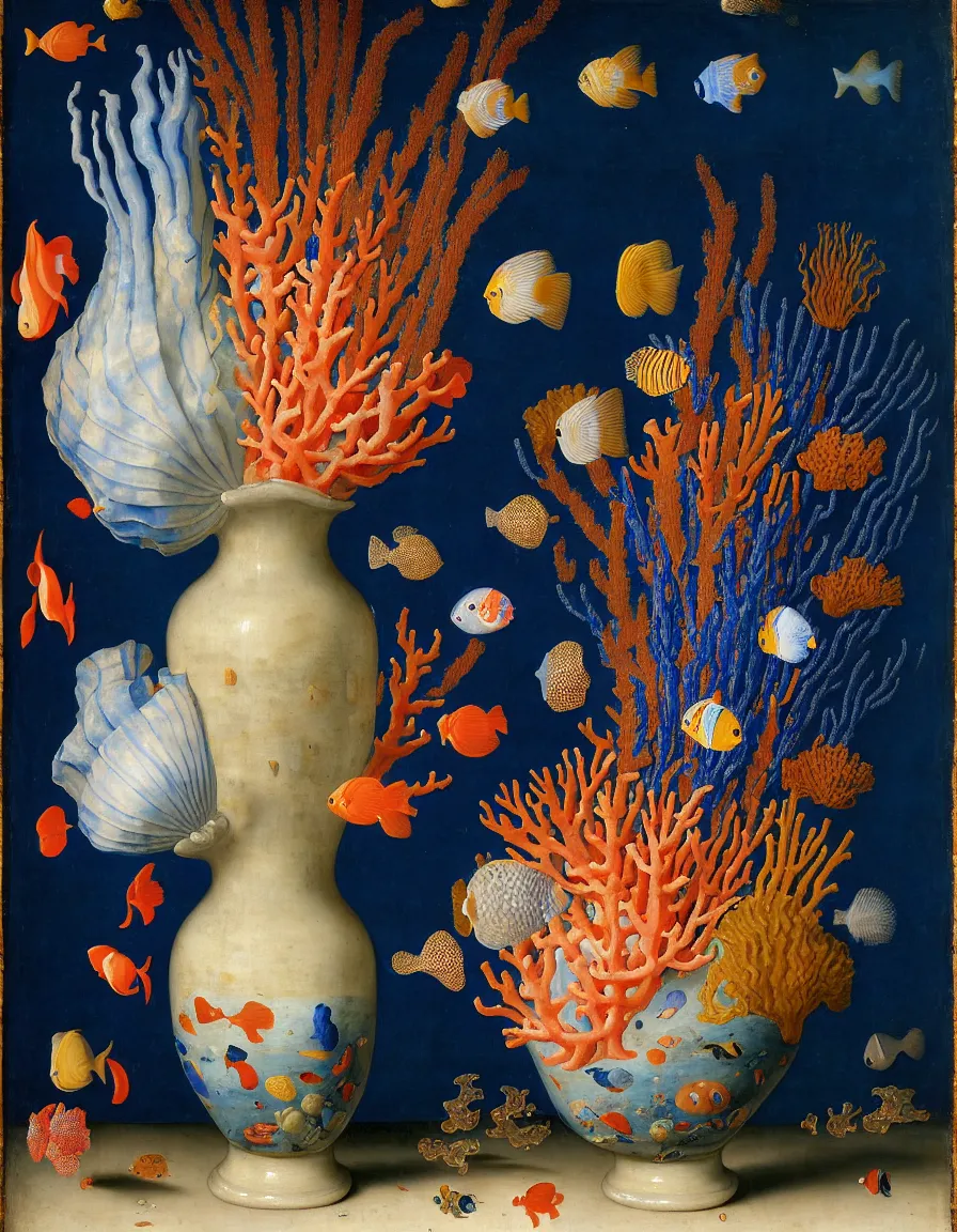 Image similar to bottle vase of coral under the sea decorated with a dense field of stylized scrolls that have opaque outlines enclosing mottled blue washes, with blue cobalt shells and yellow fishes, Ambrosius Bosschaert the Elder, oil on canvas, around the edges there are no objects