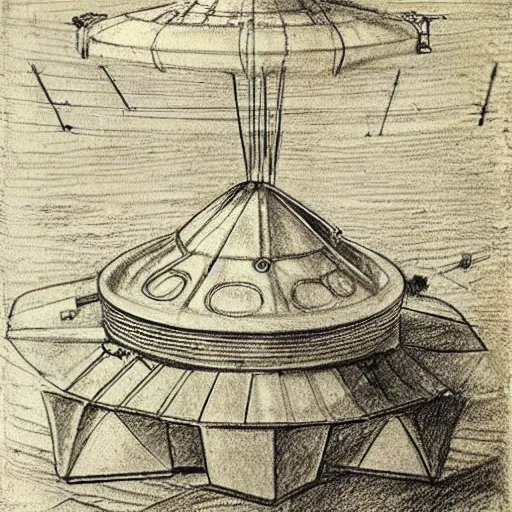 Prompt: vintage, detailed, pencil sketch of ufo! construction, all parts, with full descriptions, on old parchment, by leonardo da vinci!