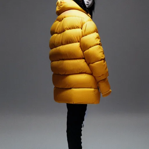 Image similar to realistic photoshooting for a new balenciaga lookbook, color film photography, portrait of a blonde asian woman, model wearing a puffer jacket, photo in style of tyler mitchell, 3 5 mm,