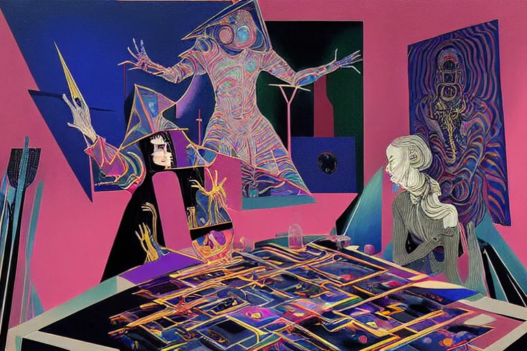 Image similar to a highly detailed beautiful masterpiece painting of a technomancer wizard in dazzle camouflage robes with pointed hood discussing sentience with his synthesized AI djinn hologram in his laboratory near a computer by Remedios Varo and Anato Finnstark and Greg Rutkowski and Andy Warhol and Francis Picabia and Artgerm, dayglo pink, dayglo blue, prismatic, pearlescent white, raven black, glowing, hyperrealism, 8k, trending on ArtStation, maximalist, rendered in Octane, rendered in Unreal engine, award winning, volumetric lighting