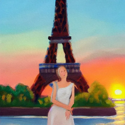 Image similar to a beautiful oil painting of a woman at the eiffel tower looking at a sunset, beautiful, romantic, detailed