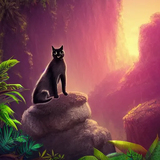 Image similar to a black cat seated on a rock in a jungle!, mist, tropical trees, vines, birds, sunset!, fluffy clouds, warm colors, beautiful lighting, digital art, intricate details, trending on artstation