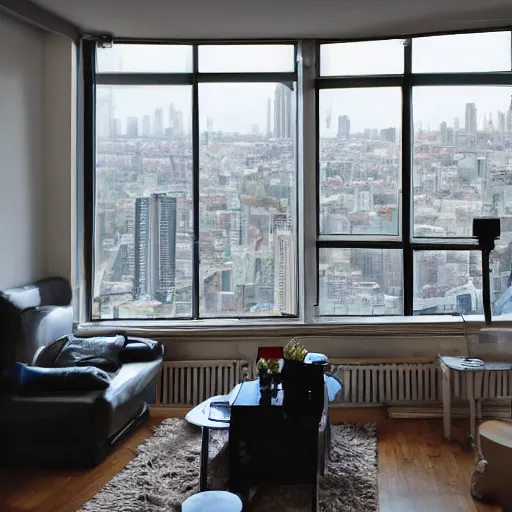 Image similar to dingy cyberpunk apartment interior, high above the city that is seen through the window