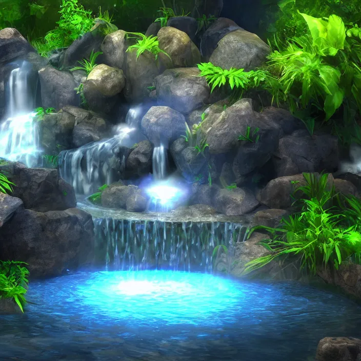 Image similar to Single waterfall with treasure hidden behind the water stream, photo realistic, glowing chest