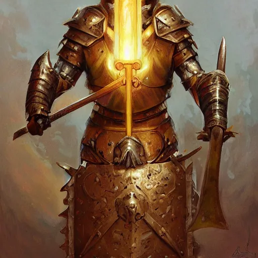 Prompt: anthropomorphic shiba inu, holy paladin armor, holding dragon slayer sword and shield, fantasy, holy light, portrait art by donato giancola and greg rutkowski, realistic face, visible holy aura, digital art, trending on artstation, symmetry