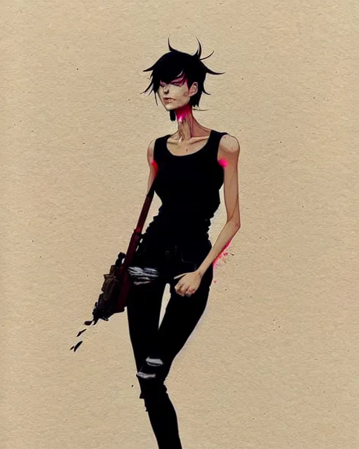 Image similar to a ultradetailed beautiful full body painting of a stylish woman with short hair, she is wearing a black tank top and jeans, by conrad roset, greg rutkowski and makoto shinkai trending on artstation