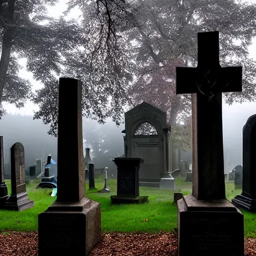 Prompt: memorial statues in a gothic cemetery at dusk, dramatic, gloomy, volumetric light, ground mist