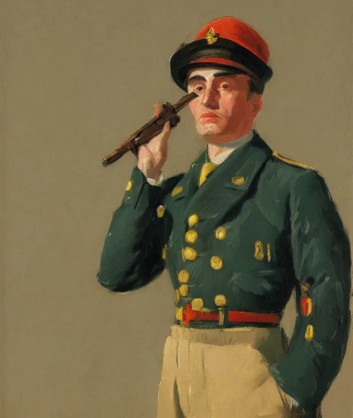 Prompt: a very detailed portrait of a man, wearing a colorful military jacket, frontal view, in the style of edward hopper and oswald hornby joseph birley, very small brushstrokes, 4 k,