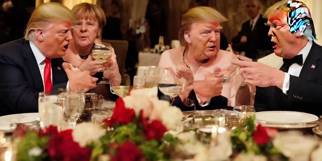 Image similar to donald trump having romantic dinner with angela merkel, romantic, moonlight background