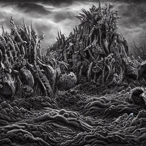 Prompt: charcoal reefs of the chaos realm, in the style of alejandro mirabal, dramatic, tragic, intricate, detailed, beautiful, 8 k resolution