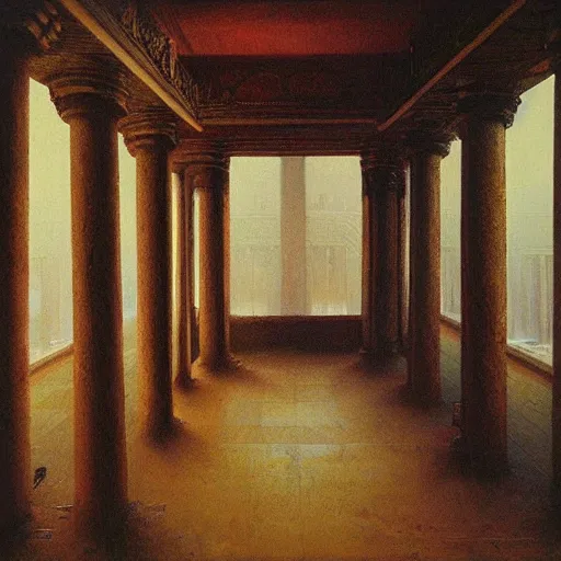 Prompt: painting of a scifi ancient civilzation victorian empty room with pillars, beksinski