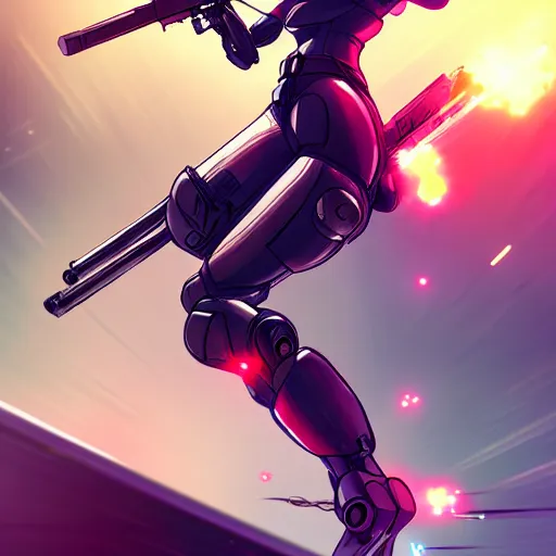 Image similar to girl in a military uniform jumping at a enemy mecha with the katana, cyberpunk anime art, full body shot, lens flare, trending on artstation, award - winning