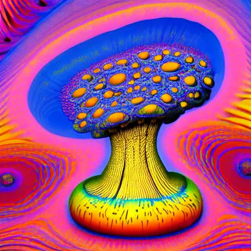 Image similar to a colorful mandelbulb 3 d mushroom in a psychedelic world, peace and love, by peter max and mark ryden