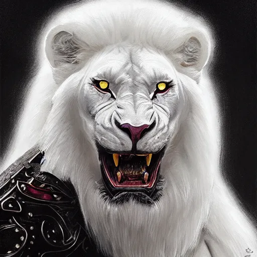 Image similar to anthropomorphic male muscular albino white lion, wearing beautiful vikings armor, darkness aura red light, fantasy, dark, black and white high contrast portrait art by donato giancola and greg rutkowski, realistic face, digital art, trending on artstation, symmetry