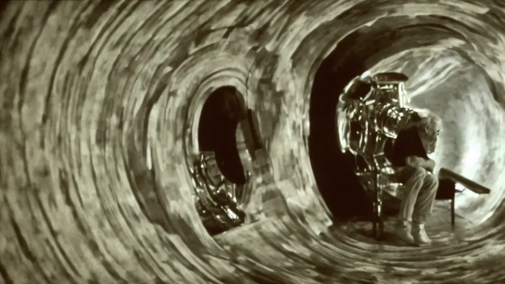 Image similar to an mri slice of james cavell in the living room, film still from the movie directed by denis villeneuve with art direction by salvador dali, wide lens