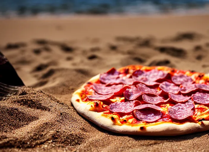 Image similar to clear highly detailed photorealistic food photograph of a wood oven cooked pizza with salami anchovies pepperoni lying on beach sand at sunset, waves next to it