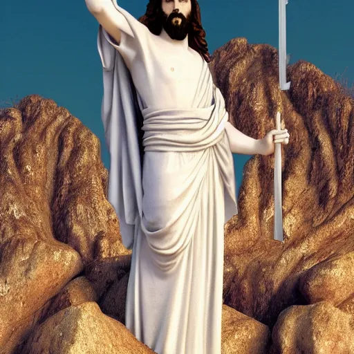 Image similar to an extremely detailed sculpture of a ridiculously good looking jesus that is posed like the buddy christ, long curly hair, elegant ancient greek dress, very detailed, standing on a mountain over rio de janeiro, beautiful, intricate, cinematic, artstation, william bouguereau, alphonse mucha, greg rutkowski, rossdraws, octane render