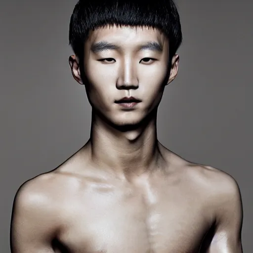 Prompt: a beautiful young korean male wearing iris van herpen couture, photographed by erwin olaf