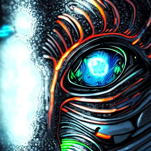 Image similar to cybernetic eye of tiger, digital illustration, photo - realistic, macro, extreme details, vivid, neon, dramatic lighting, futuristic, cyberpunk, intricate details