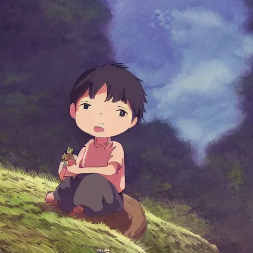 Prompt: friendly guy and small creature , with Fragile looking character portrait face made in Studio Ghibli artstyle ,highly detailed art, beautiful scene, sharp focus, smooth, 8k, anime art, fantasy, style in ghibli anime