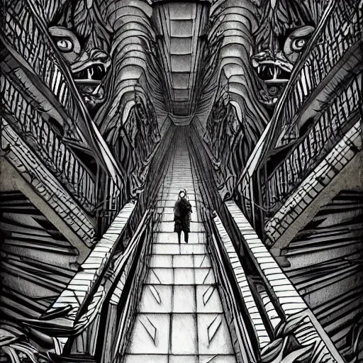 Image similar to a huge howling angry wolf in a huge bright maze of many doorways and lots of stairs, many doorways, inside MC Escher architecture, artstation, Junji Ito, epic composition, detailed background