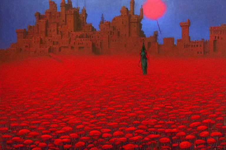 Image similar to only with red, red flowers of different types, a castle in the background, red orcs and trolls dance over the flowers, in the style of beksinski, part by hopper, part by rodcenko, part by hofbauer, intricate composition, red by caravaggio, insanely quality, highly detailed, masterpiece, red light, artstation