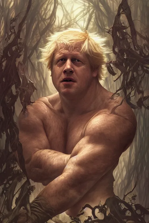 Image similar to portrait of boris johnson as a hulking herculean demon, forest, godlike, full body, fantasy, intricate, elegant, highly detailed, digital painting, artstation, concept art, sharp focus, illustration, art by artgerm and greg rutkowski and alphonse mucha