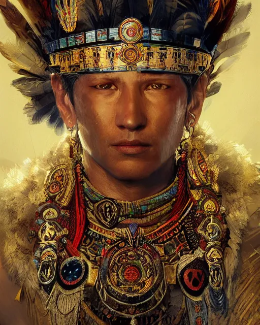 Image similar to Aztec king, handsome, portrait, intricate, elegant, feathers, volumetric lighting, scenery, digital painting, highly detailed, artstation, sharp focus, illustration, concept art, ruan jia, steve mccurry