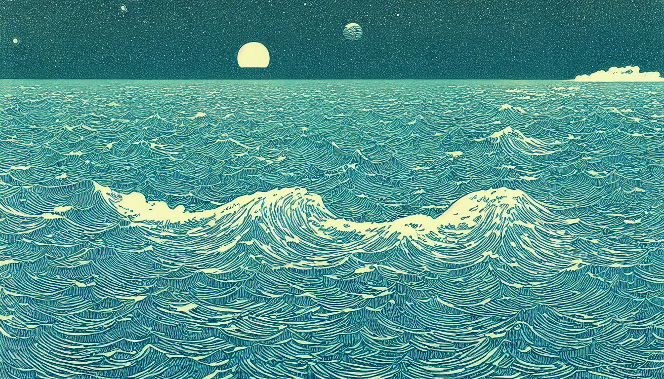 Image similar to ocean horizon by woodblock print, nicolas delort, moebius, victo ngai, josan gonzalez, kilian eng