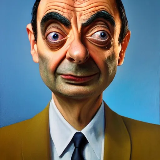 Image similar to a realistic oil painting of mr bean as a cybernetic cyborg, surrealism portrait, surrealism album cover