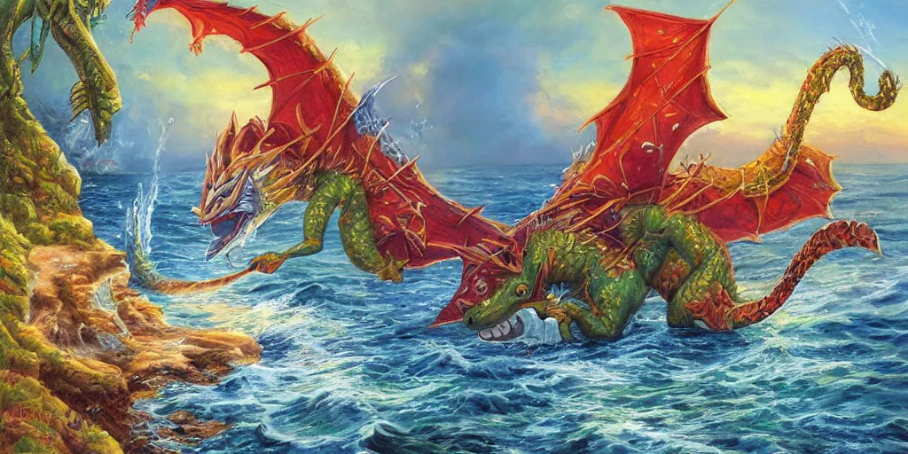 Prompt: beautiful painting of Puff the Magic Dragon lived by the Sea painted by Ralph Horsley, vivid fantasy