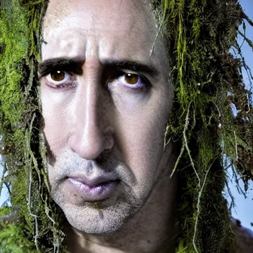 Prompt: Award-winning photograph by Mar Mann. The photo depicts a decaying roman bust of Nicolas Cage overgrown with moss at the bottom of the sea. Minimalism, high definition, perfect composition. Deep sea picture. Very dark. Volumetric Lighting. Fish. Darkness. Ruins