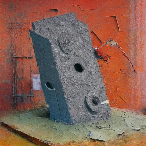 Prompt: an impasto painting by shaun tan of an abandoned abstract sculpture by the caretaker and ivan seal