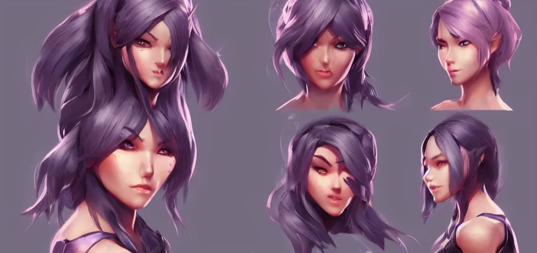 Prompt: concept art of female video game characters head designs, cute, quirky, unique hairstyles, overwatch by marc brunet and artgerm