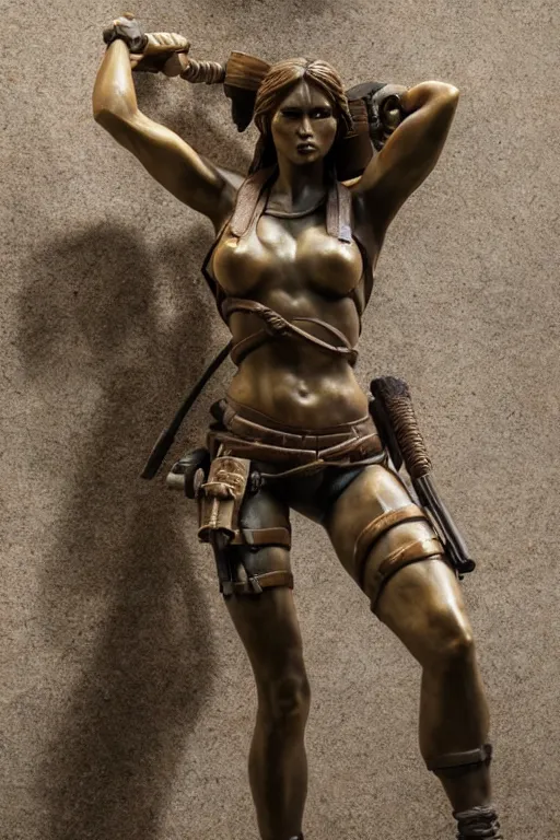 Prompt: detailed photo of lara croft woman warrior old concrete marble bronze statue, full body pose, various seducing poses, photorealism, very intricated detail, a few light reflexions, museum diffuse lighting