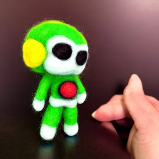 Image similar to a needle felted Samus aran, needle felting art.