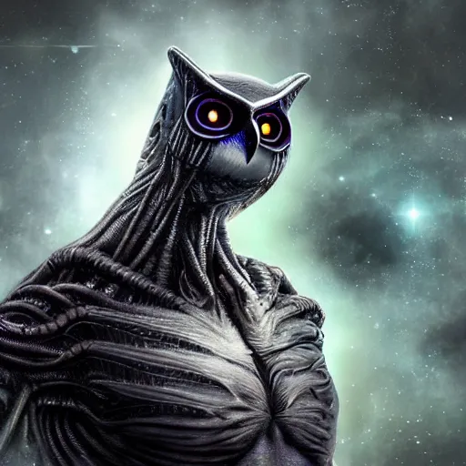 Image similar to alien owl, alien warrior, magic, stars, highly detailed, realistic, 8 k