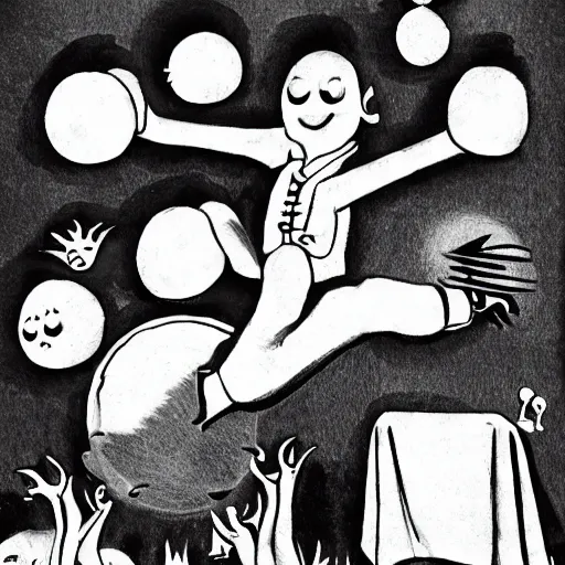 Prompt: a strange monster juggling three balls, storybook illustration, black and white