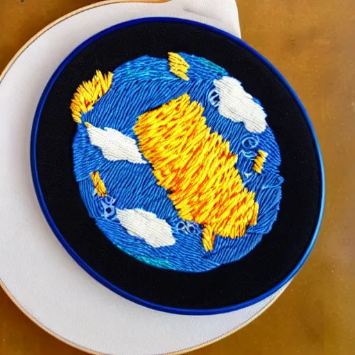 Image similar to a bowl of kraft dinner in space, embroidery, highly detailed