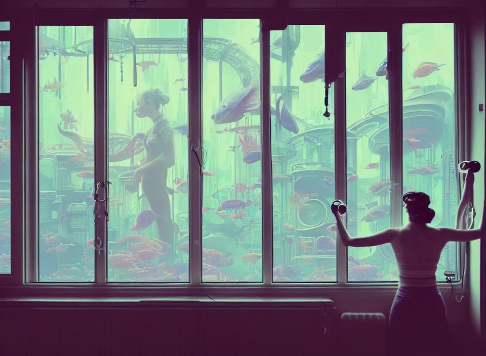 Image similar to telephoto 7 0 mm f / 2. 8 iso 2 0 0 photograph depicting the feeling of power in a cosy cluttered french sci - fi ( art nouveau ) pale cyberpunk apartment in a pastel dreamstate art cinema style. ( aquarium, weight lifting, window ( city ), led indicator, lamp ( ( ( gym ) ) ) ), ambient light.
