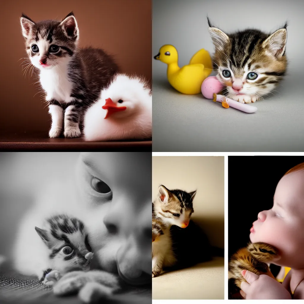 Prompt: 35mm macro shot a kitten licking a baby duck, studio lighting