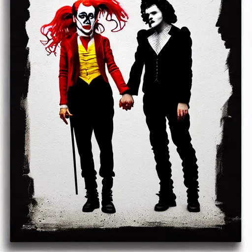 Image similar to ilya yefimovich repin and mimmo rottela and banksy as joaquin phoenix skinny joker, holding hand, lady gaga harley queen, ultra photorealistic, intricate details, pop art style, concept art, confident posse, random object details, 2 colours, warm color, 4 k, ultra smooth, sharp focus