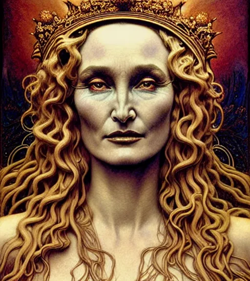 Image similar to detailed realistic beautiful young jessica lange as queen of mars face portrait by jean delville, gustave dore and marco mazzoni, art nouveau, symbolist, visionary, gothic, pre - raphaelite. horizontal symmetry by zdzisław beksinski, iris van herpen, raymond swanland and alphonse mucha. highly detailed, hyper - real, beautiful